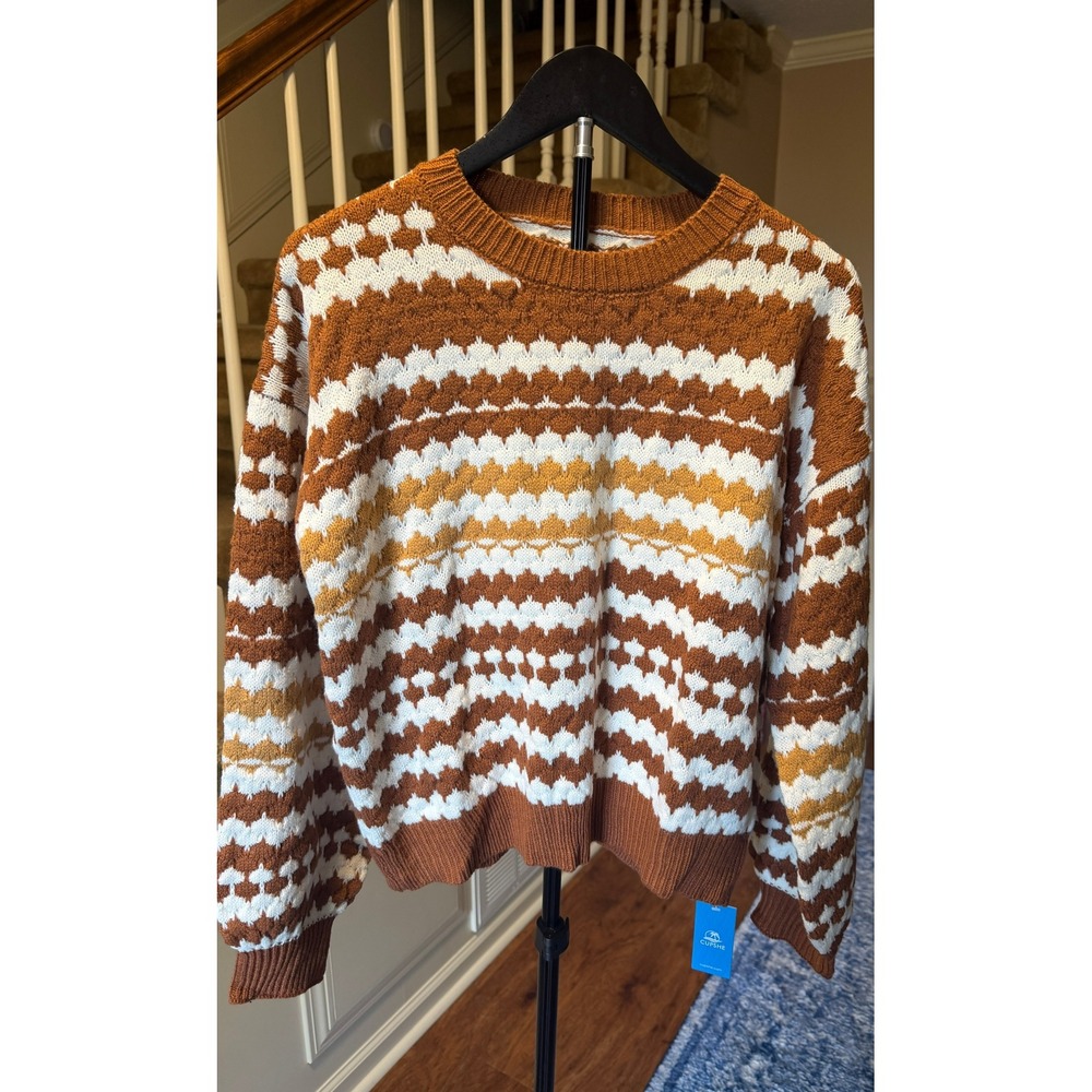 Cupshe Womens Rust Brown Cream Chevron Knit Crewneck Sweater NEW Sz S